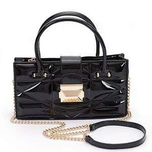 Black Faux Patent Leather Convertible Top Handle Swing Bag